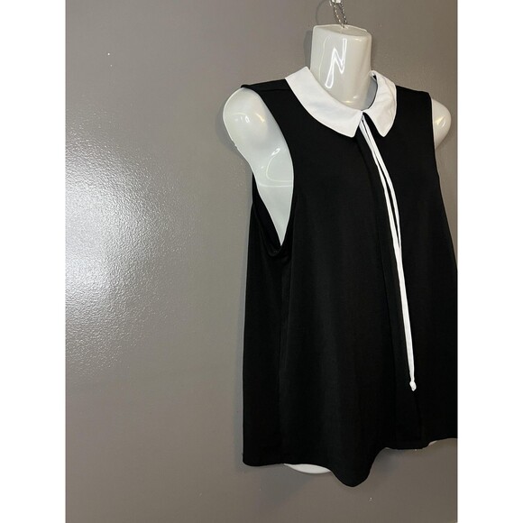 ELLE Shirt Womens Small Black White Peter Pan Collar Tie Neck Sleeveless Top - Picture 2 of 7